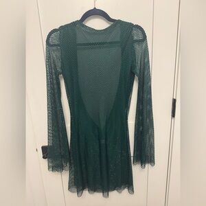 Meshki Dark Green Embellished Mesh Long Sleeve Dress